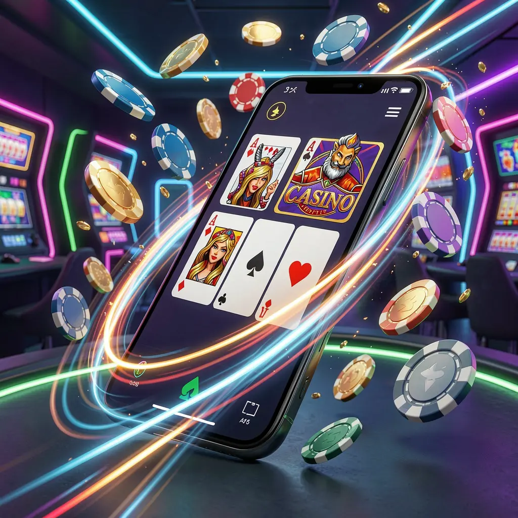 PH188 fast casino app access visual showing a smartphone with speed light trails, coins and chips flying around against a modern neon casino background in a dynamic 3D render