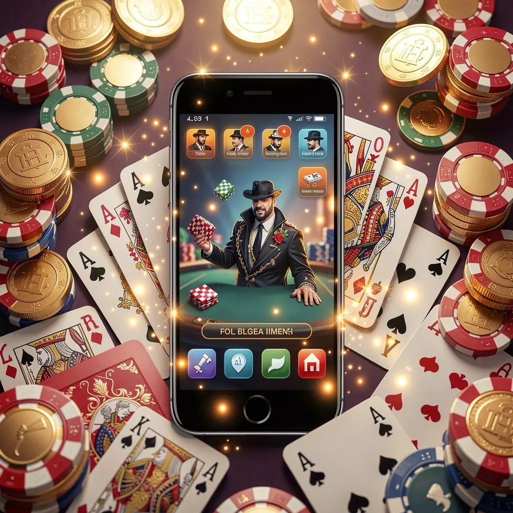 PH188 mobile gaming application concept showing a smartphone surrounded by playing cards, roulette chips, gold coins, and sparkling lights in a premium casino style