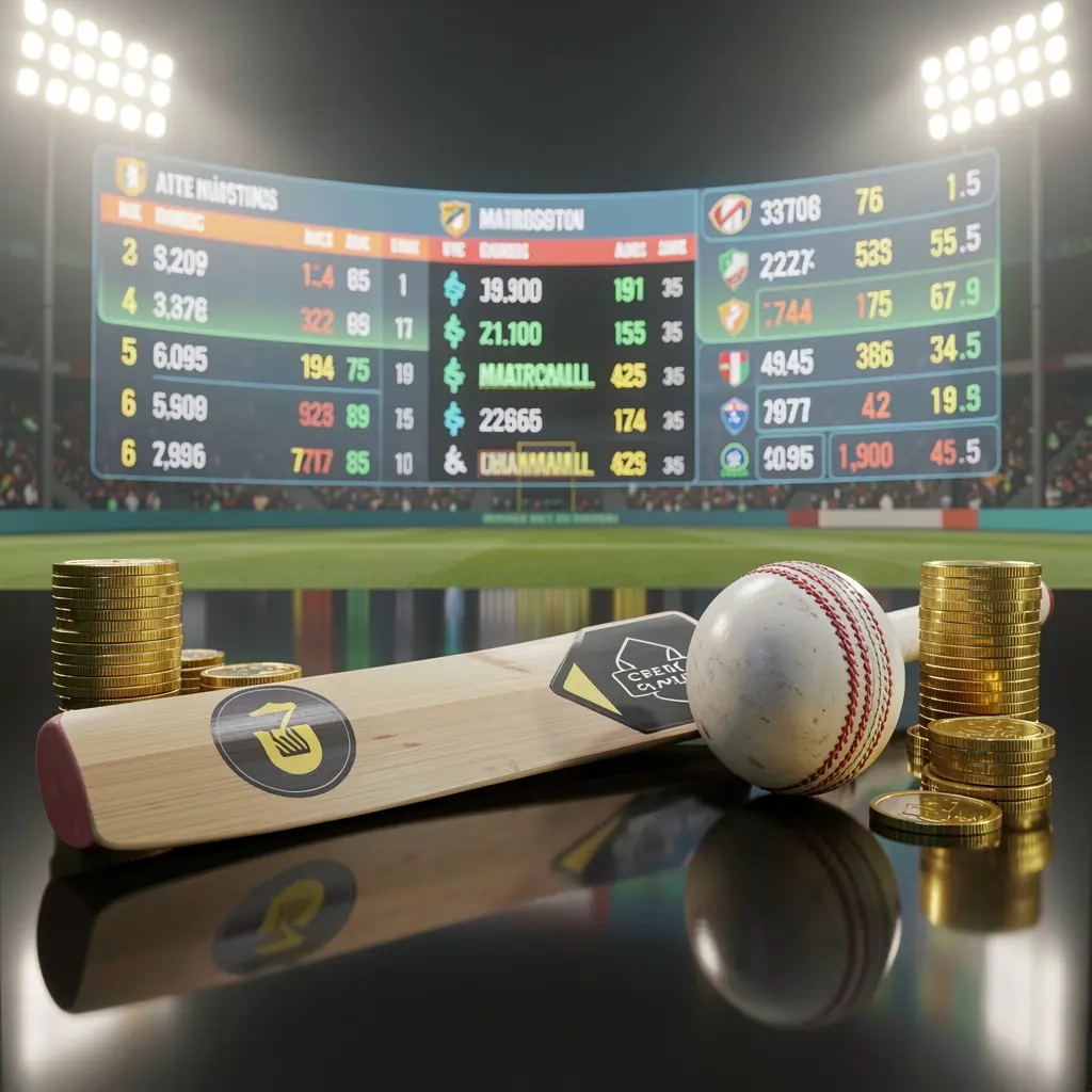 PH188 premium sports betting image featuring a cricket bat on a glossy dark surface with a cricket ball, golden coins, glowing match statistics, and stadium lights in a realistic 3D render