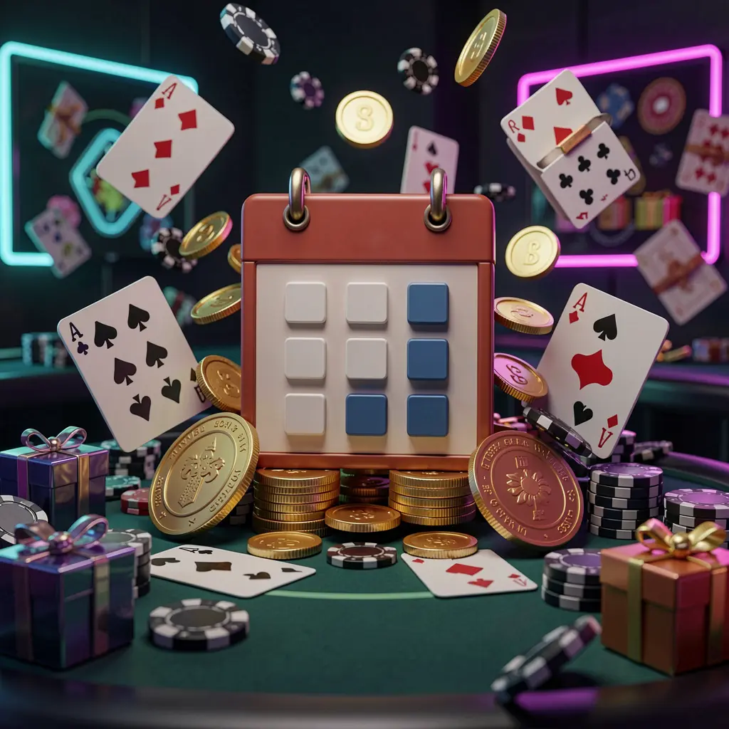 PH188 weekly online casino bonus concept featuring a calendar icon surrounded by golden coins, gift boxes, poker chips, and playing cards in a festive casino atmosphere with dark modern background and neon lights