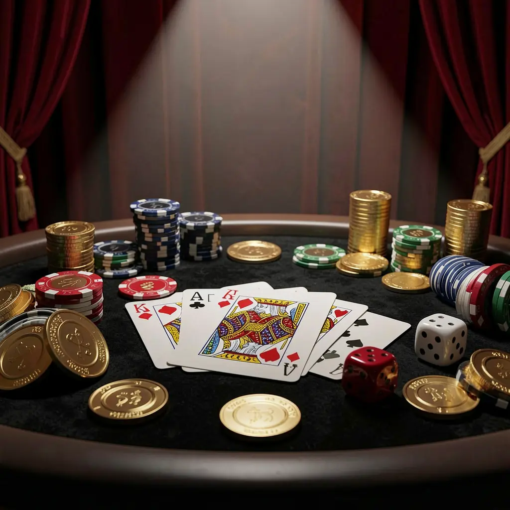 PH188 casino table featuring a royal flush hand, poker chips, golden coins, and dice on a luxury black and red background with dramatic spotlight in a realistic 3D render