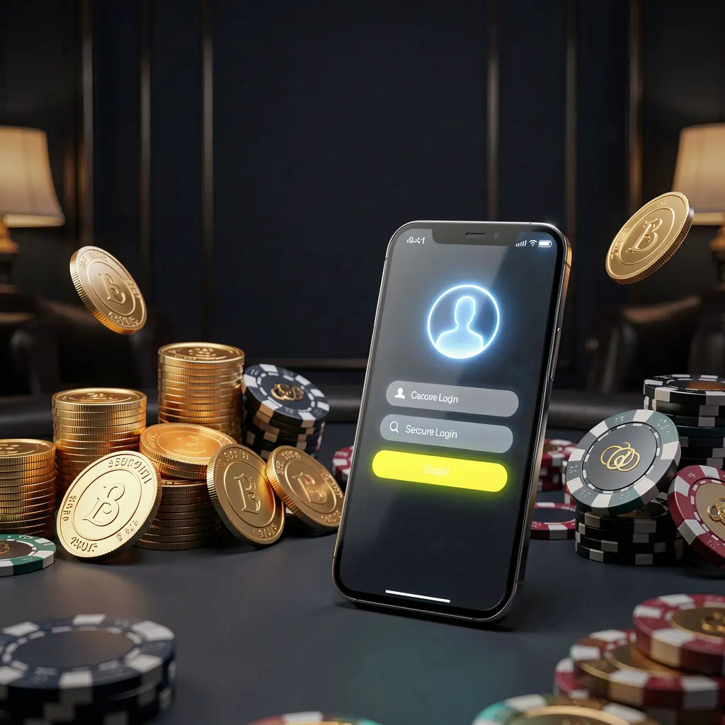 PH188 online casino login page hero banner featuring a modern smartphone with a secure login screen, glowing user profile icon, golden coins and poker chips around it on a dark luxury background