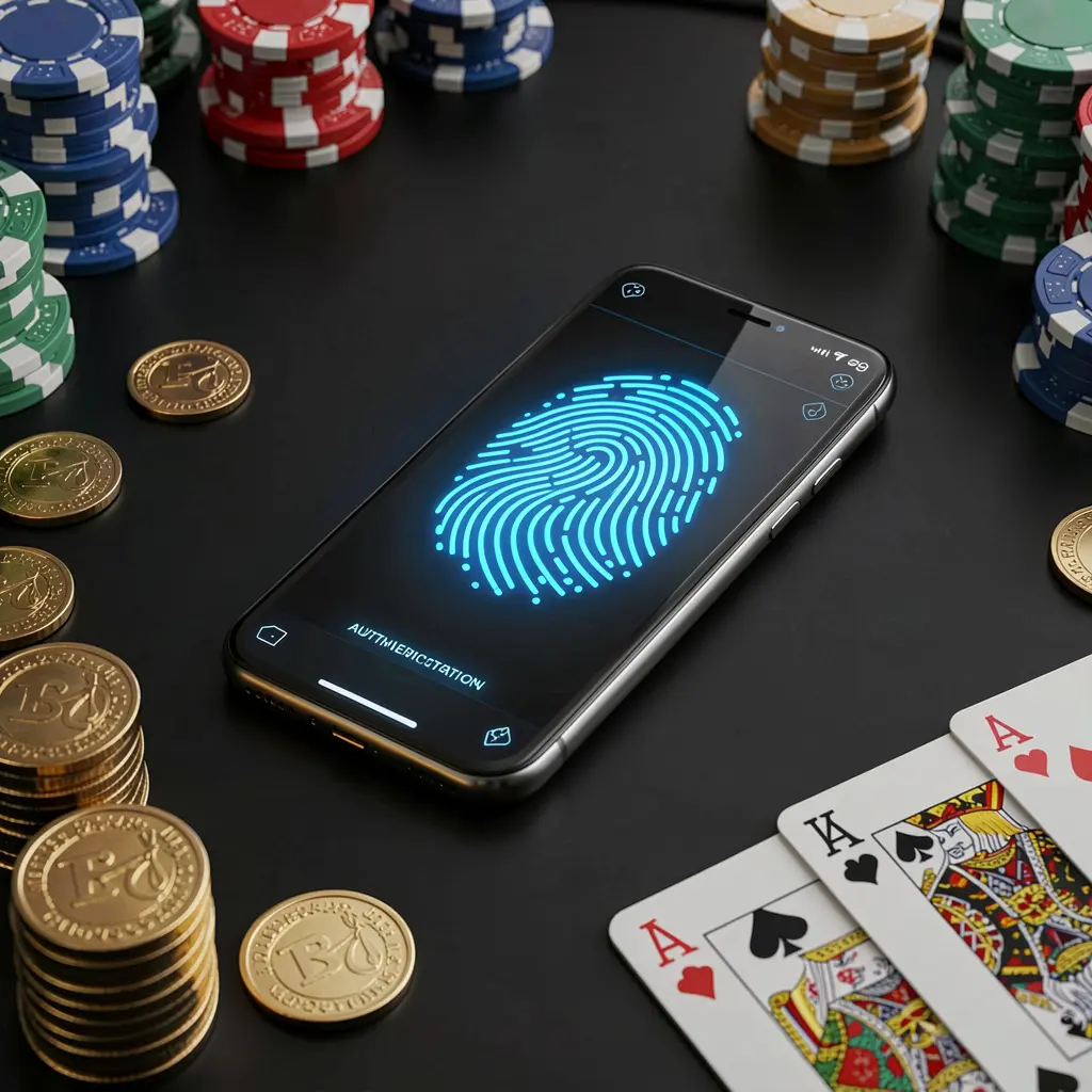 PH188 online casino authentication concept showing a phone with a glowing fingerprint scan on a premium black table surrounded by poker chips, golden coins, and playing cards in a cinematic 3D render